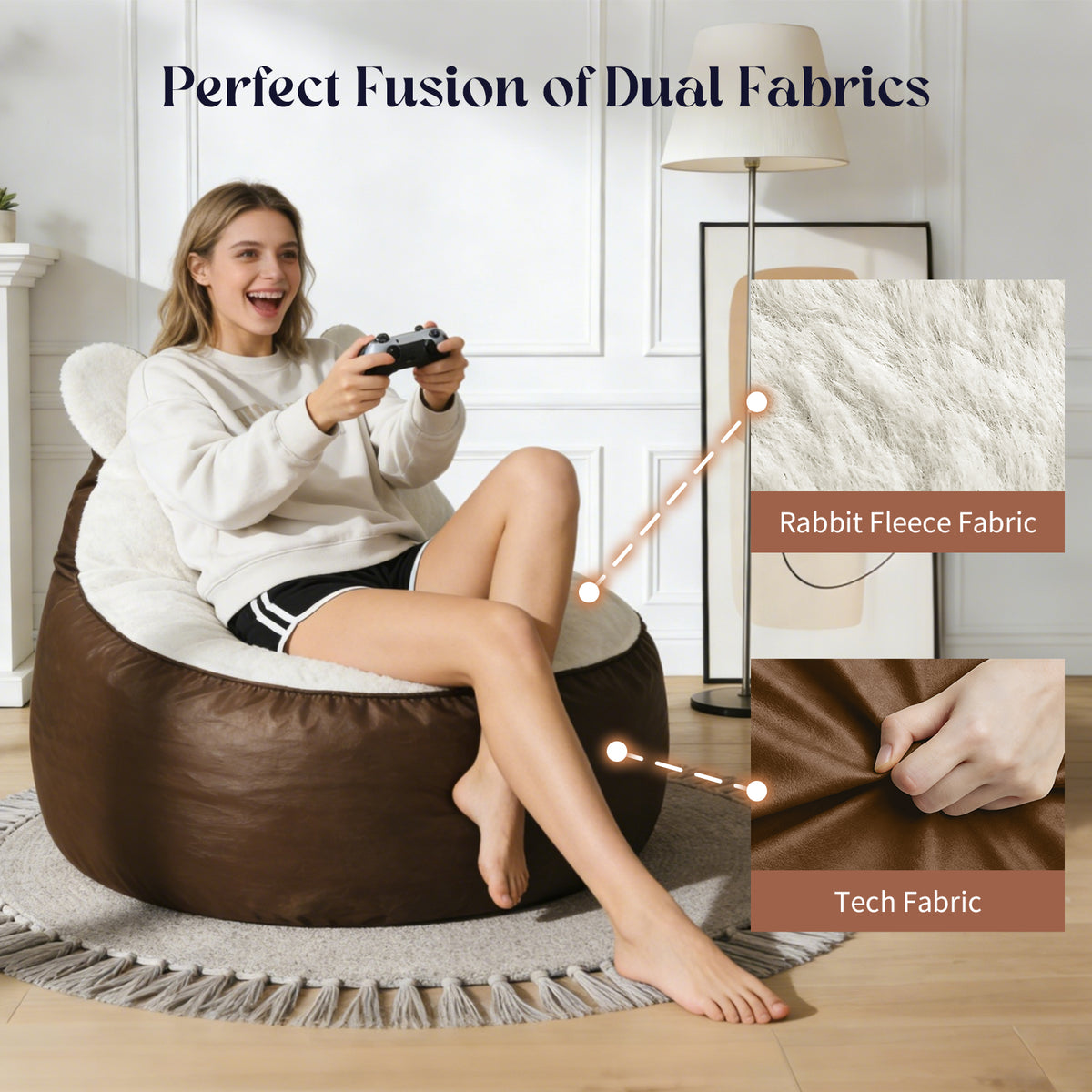 AEELLEEA Cute Animal Ear Bean Bag Chair, Dual Fabric Faux Leather & Rabbit Fleece Oversized Lazy Sofa for Bedroom Gaming Room