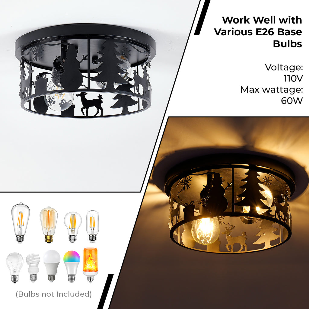 Round Matte Black Flush Mount Ceiling Light, Christmas Snowman Deer Tree Cutout Iron Ceiling Lamp, Vintage E26 Ceiling Light for Bedroom Hallway