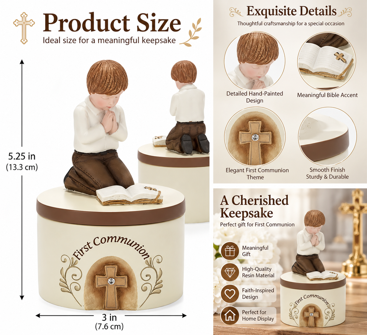 First Communion Keepsake Box with Praying Boy Figurine, Resin Religious Jewelry Storage Box, 5.25 in