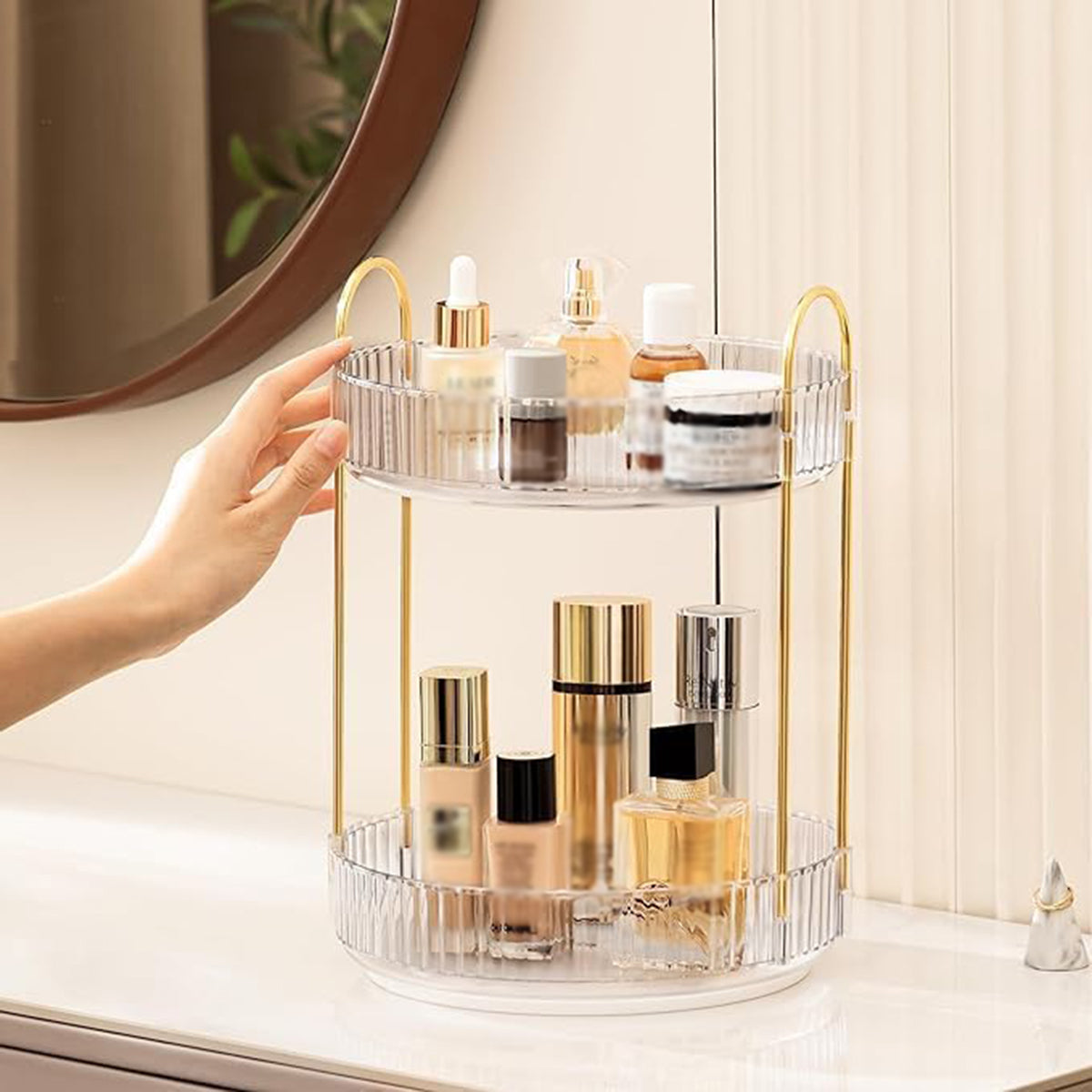 360 Rotating Lazy Susan Makeup Organizer, 2 Tiers Clear White High Capacity Cosmetic Storage for Vanity, Bathroom Countertop, Dresser, Skincare & Perfume Holder