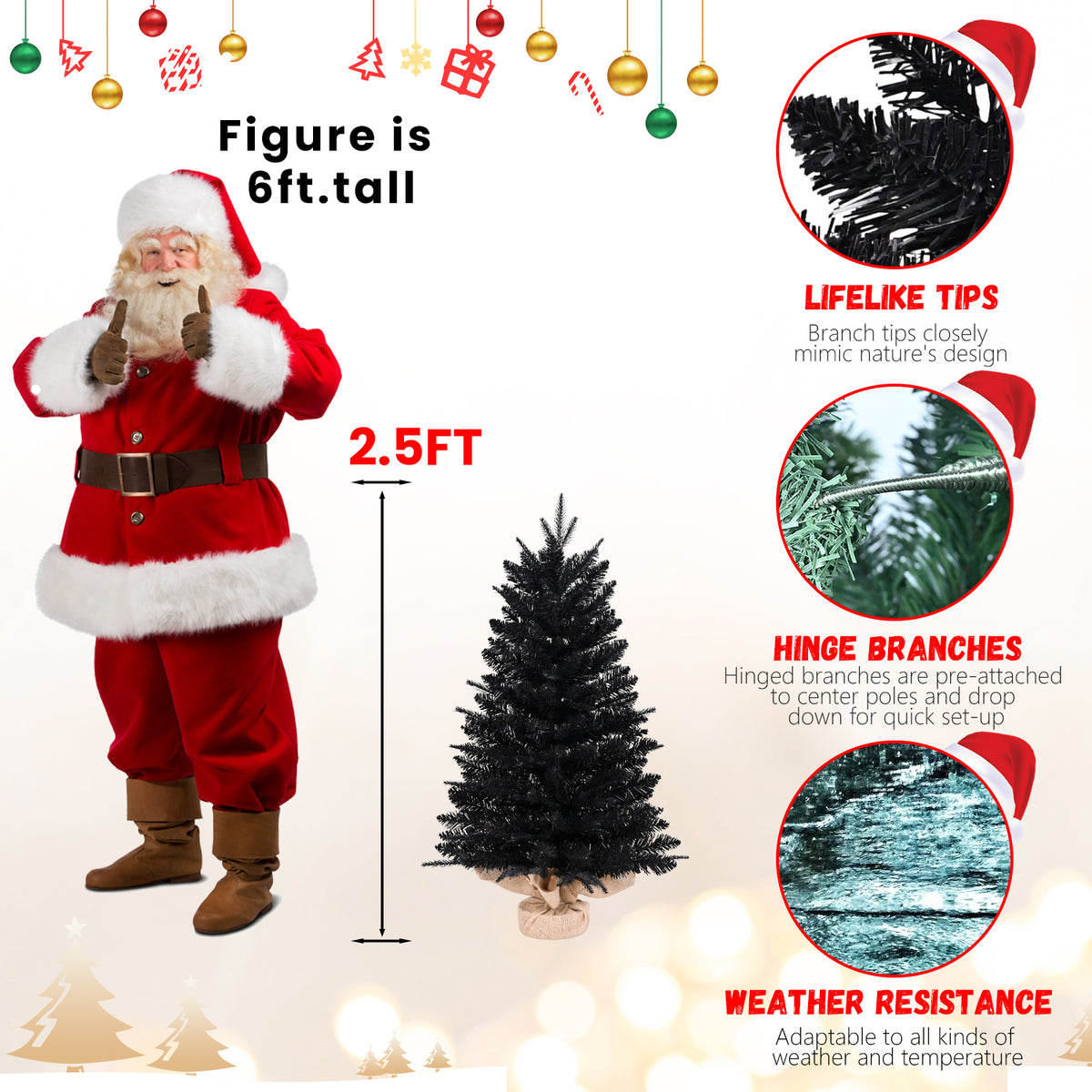 2.5ft Black Artificial Mini Christmas Tree, Small Tabletop Christmas Tree with Burlap Base, Hinged Branches for Home Table Holiday Halloween Xmas Decor