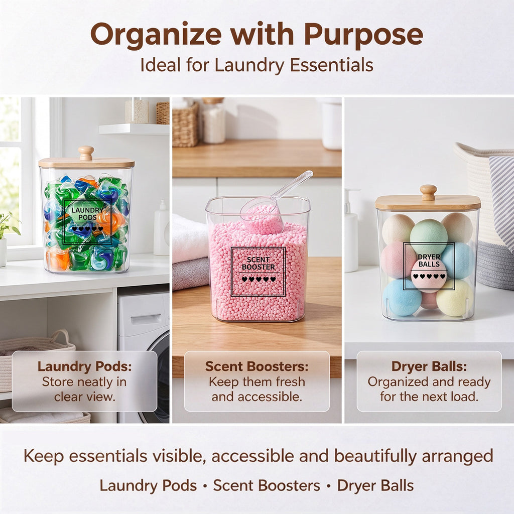 5-Piece Laundry Storage Container Set with Wooden Lids, Clear Acrylic Detergent and Laundry Pod Organizers with Labels