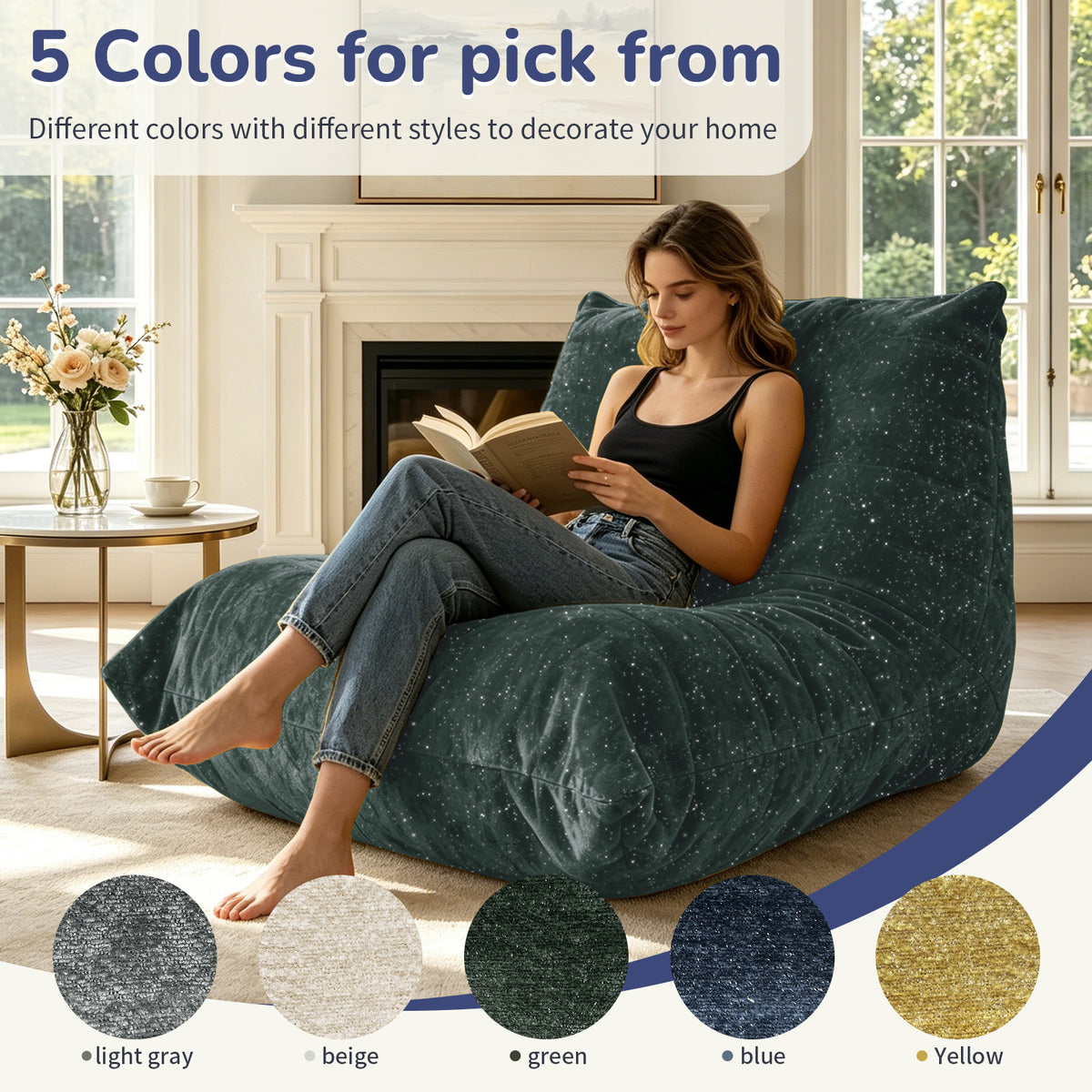 AEELLEEA Dark Green Sparkling Chenille Bean Bag Chair, Ergonomic Lazy Sofa with Removable Cover & Anti-Slip Base