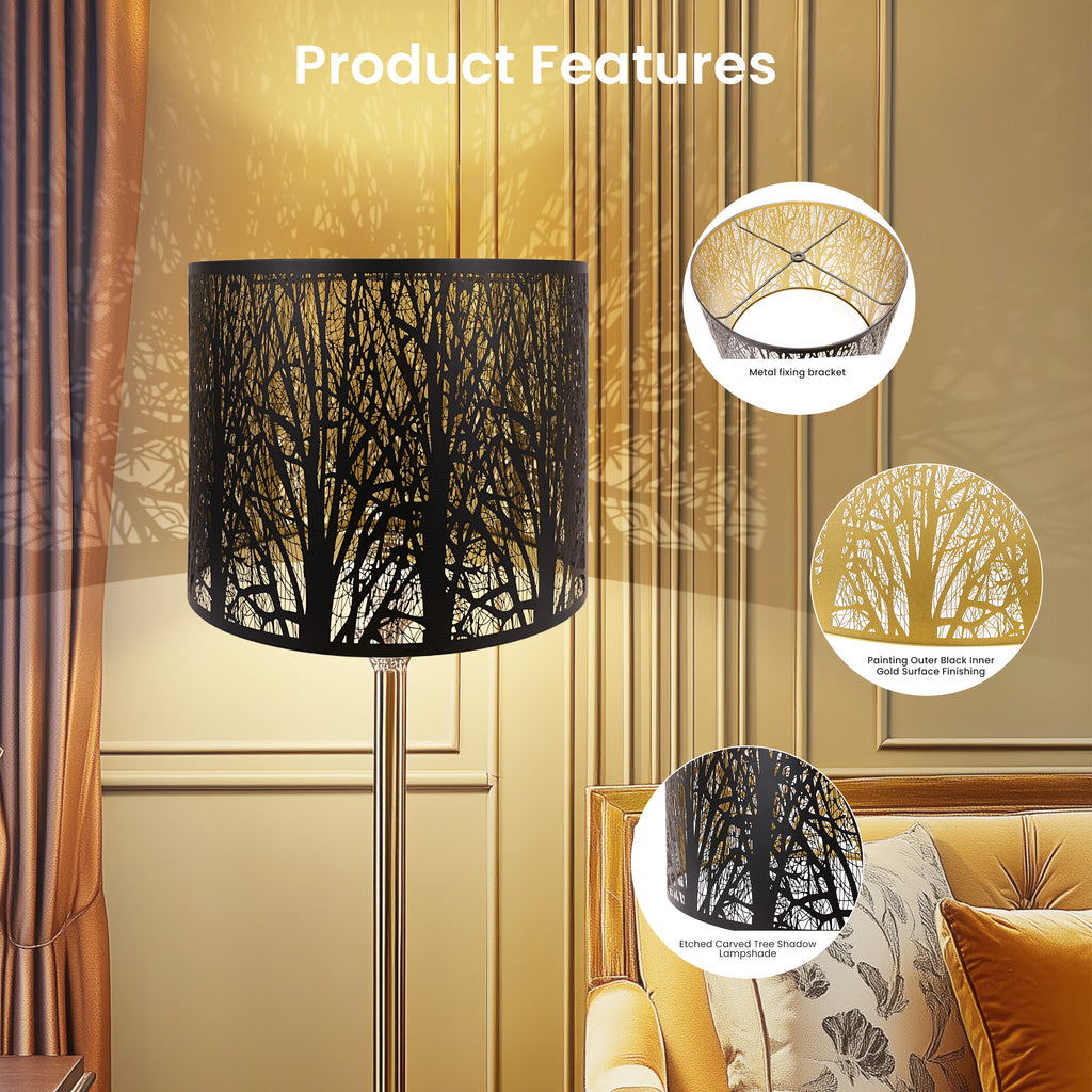 ALUCSET 14"×11" Drum Metal Lamp Shade, Black Gold Forest Etched Tree Shadow Lampshade with Spider Fitter for Table, Floor & Pendant Lights