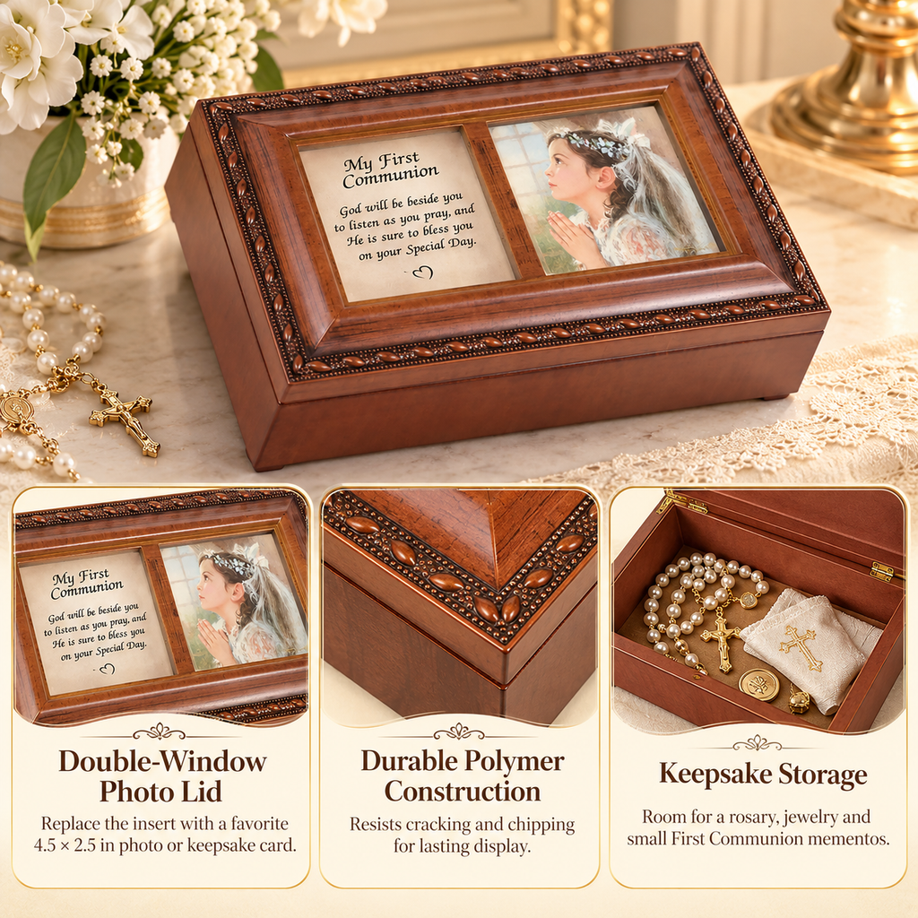 First Communion Music Box Keepsake with Double Photo Frame, Velvet-Lined Storage, Wind-Up Ave Maria, Brown