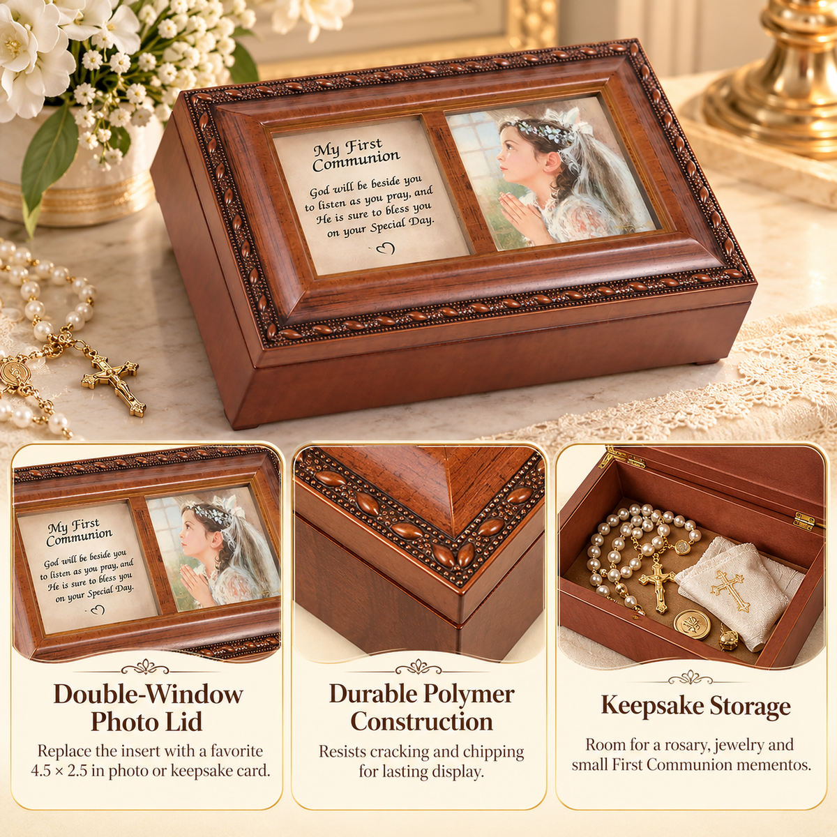 First Communion Music Box Keepsake with Double Photo Frame, Velvet-Lined Storage, Wind-Up Ave Maria, Brown