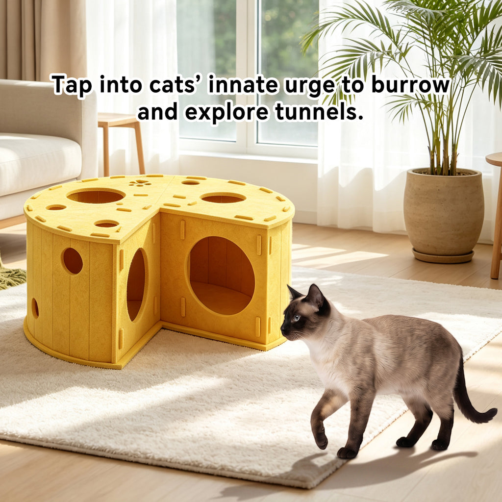 Felt Cat Tunnel Bed with Scratcher and Interactive Hanging Toy Ball, Cheese-Shaped Cat Tunnel House for Play, Rest & Hideaway