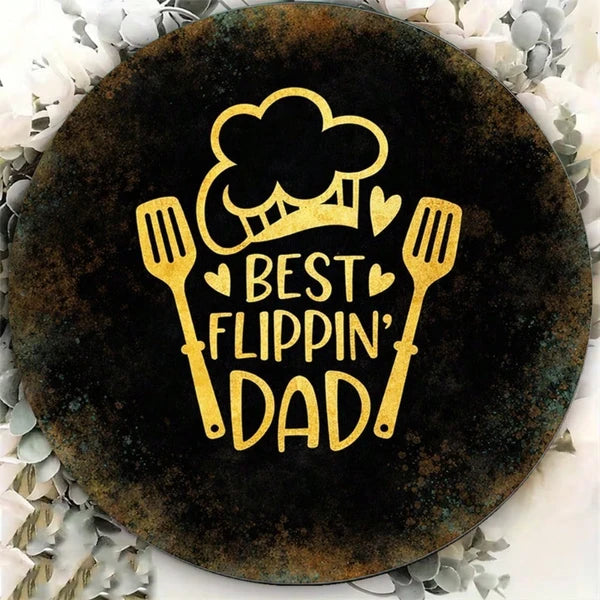 AEELLEEA-8 Inch Round Retro Metal Tin Sign, Best Flippin Dad Kitchen BBQ Wall Plaque, Father's Day Gift for Dad