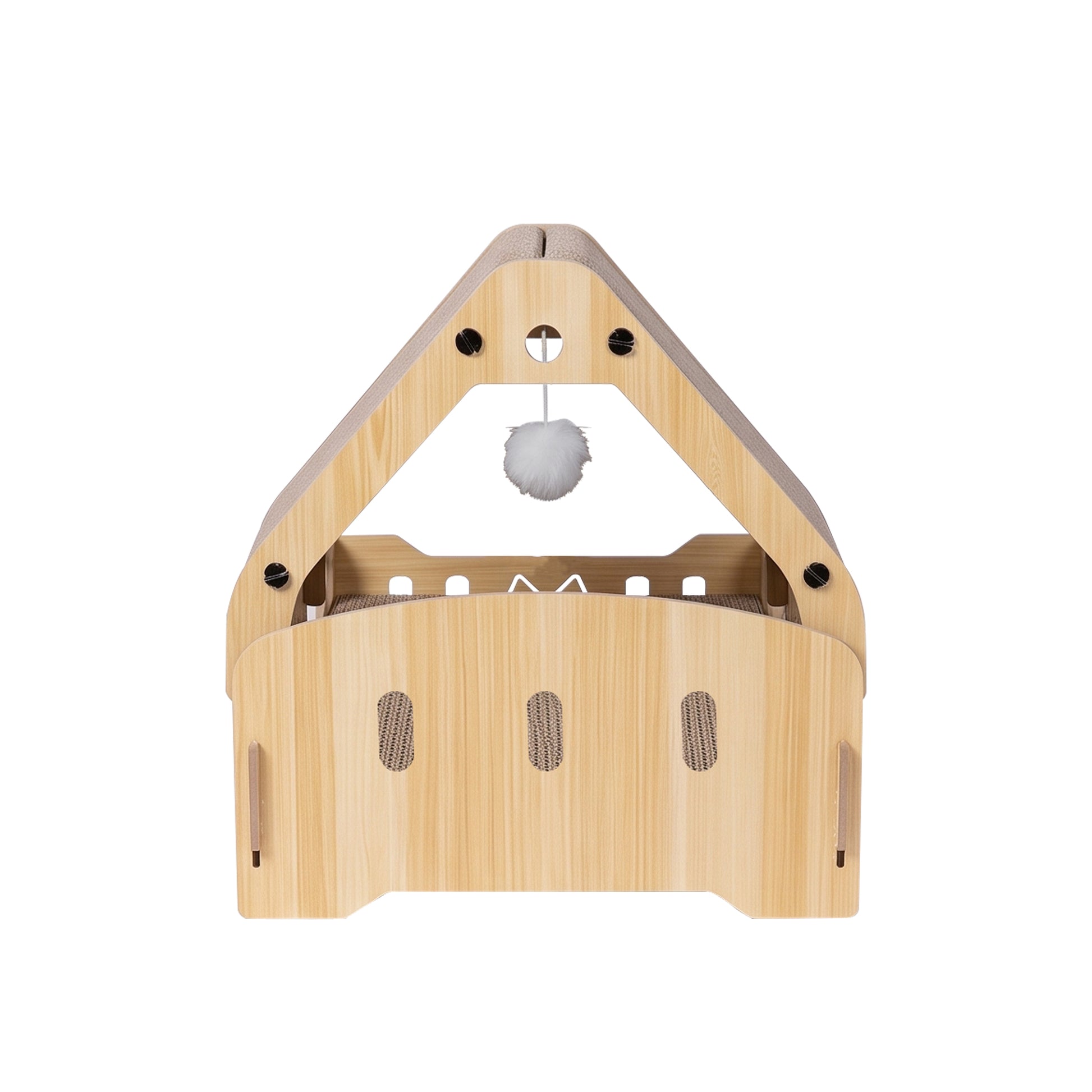 Cat Scratcher Bed, 3‑In‑1 Vertical Curved Cat Scratch Pad With Solid Wood Frame & Hanging Pom‑Pom Toy For Indoor Cats
