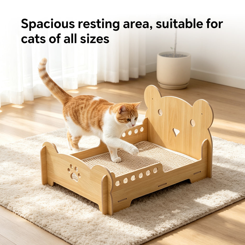 Bear Head Wooden Cat Scratcher Bed, Elevated Cat Lounge Bed with Sisal Mat, Furniture Protector for Small Cats & Dogs