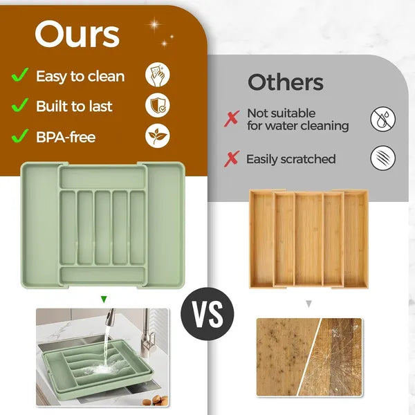AEELLEEA Expandable Silverware Organizer Tray, Green Adjustable Kitchen Drawer Utensil Holder for Flatware