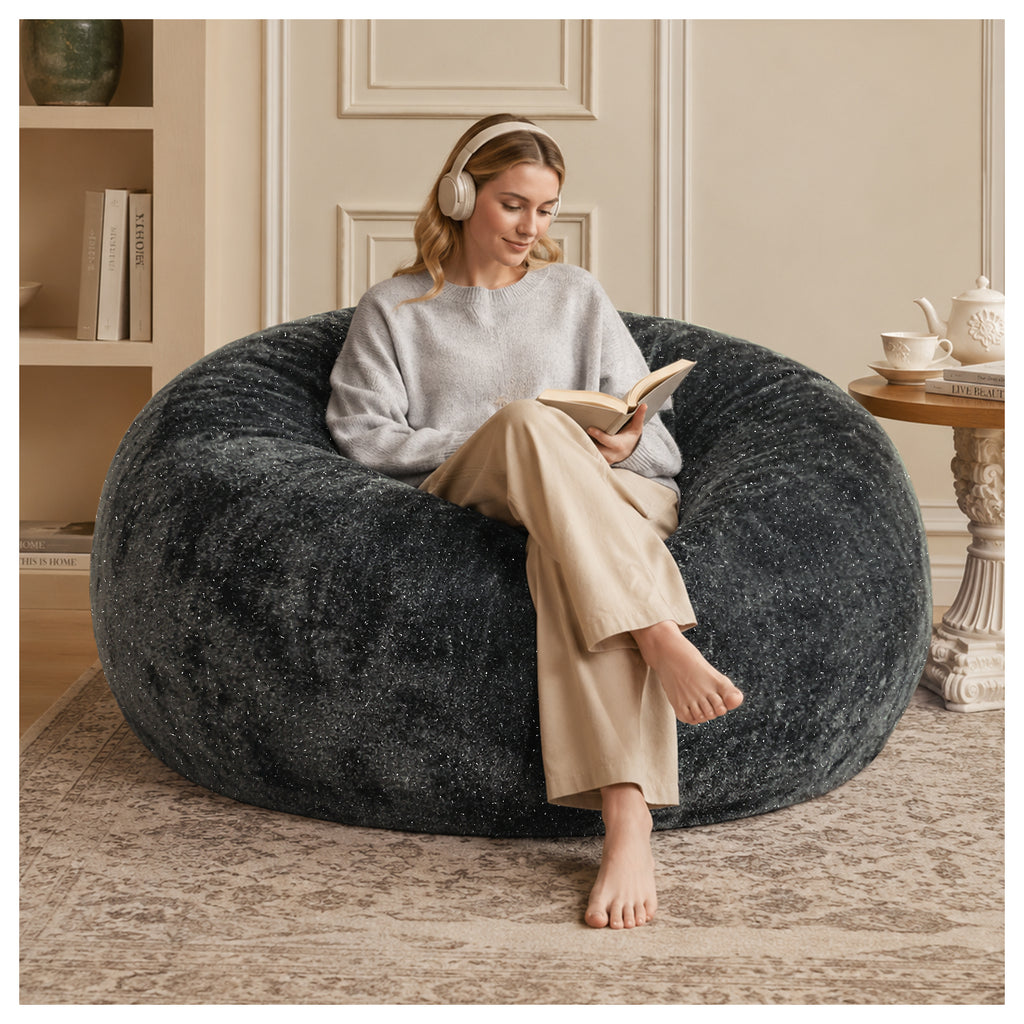 AEELLEEA 6FT Grey Silver Speck Plush Bean Bag Chair, Oversized Round High Density Sponge Beanbag, Removable Zipper Cover for Home Lounge