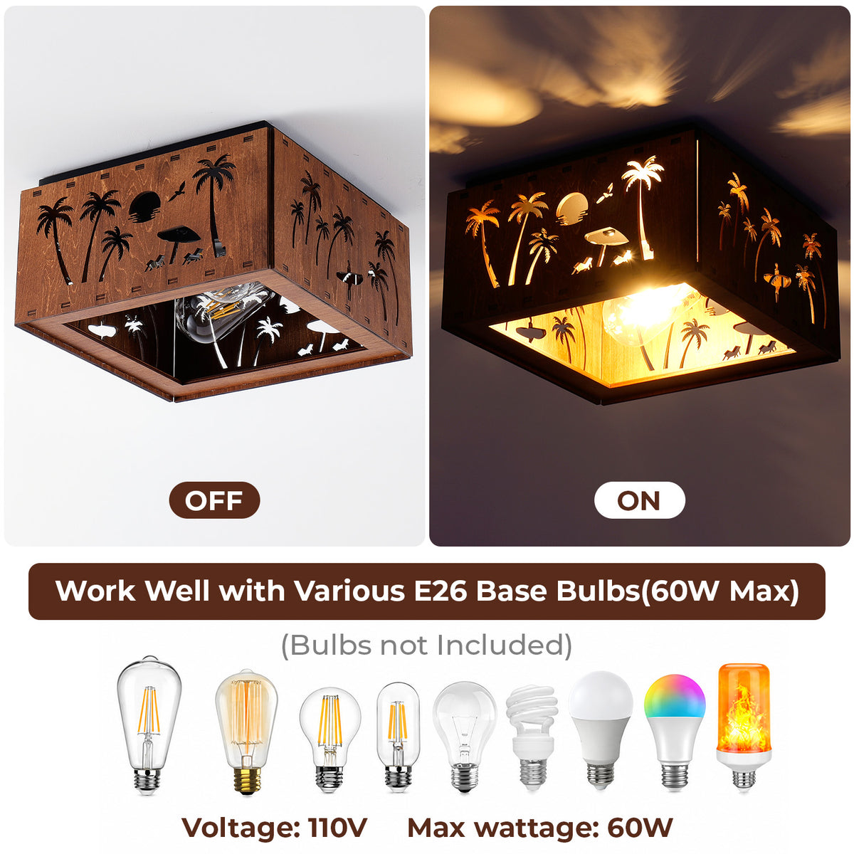 Square Walnut Flush Mount Ceiling Light, Tropical Palm Tree Cutout Wood Iron Ceiling Lamp with E26 Socket, Vintage Rustic Ceiling Light for Bedroom Hallway
