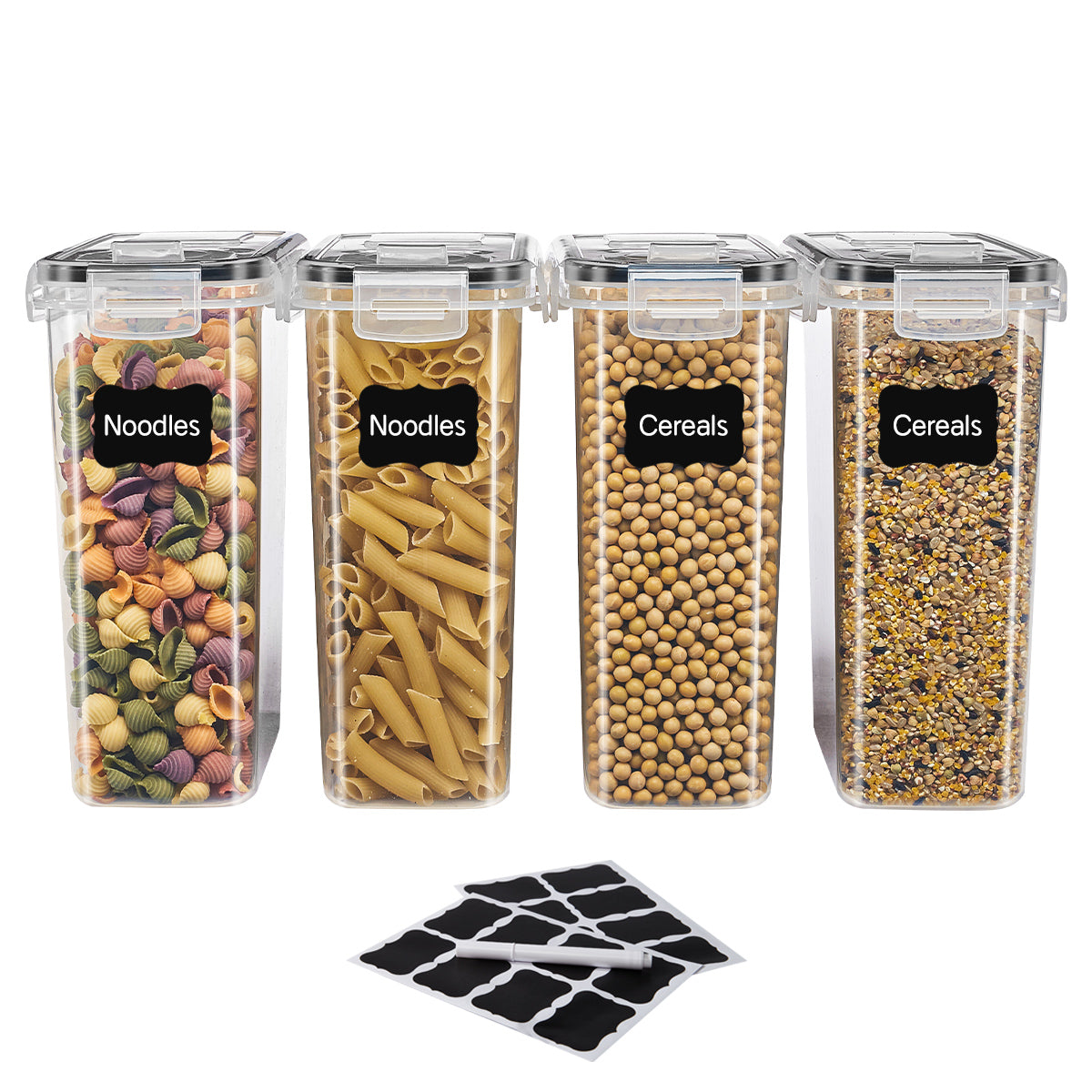 Cereal Containers Storage Set, 4PCS Airtight Food Storage Containers with Lids, Cereal Dispensers for Pantry Organization, Pour Spout, Labels and Marker