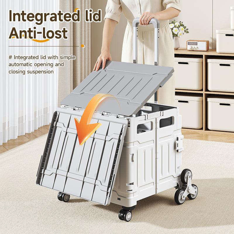 AEELLEEA Foldable Utility Cart with Lid, Portable Rolling Crate with Telescopic Handle & Stair Climbing Wheels, Collapsible Shopping Cart for Grocery, Picnic & Camping