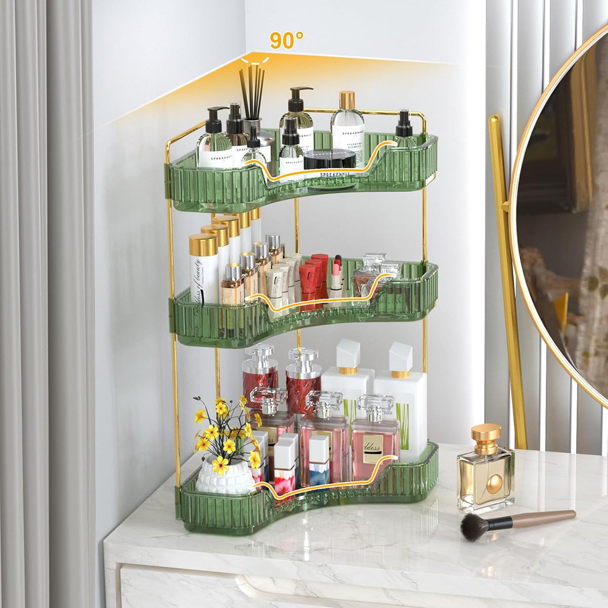 3 Tier Corner Bathroom Counter Organizer, Vanity Makeup & Perfume Storage Shelf, Countertop Skincare Display Stand Holder for Women, Green