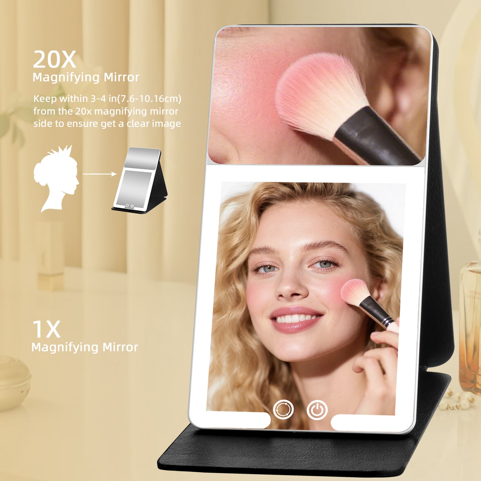 20X Magnification LED Travel Mirror  3Color Light Black Leather Case Portable