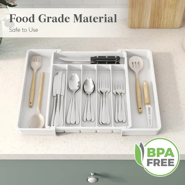 AEELLEEA Expandable Silverware Drawer Organizer Tray, White Adjustable Kitchen Utensil Holder for Flatware