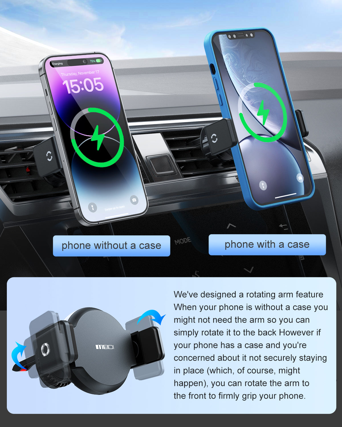 15W MagSafe Car Charger Mount, Magnetic Wireless Car Phone Holder with Air Vent Clip, Fast Charging Mount Compatible with iPhone 15/14/13/12 Pro Max Plus & MagSafe Cases