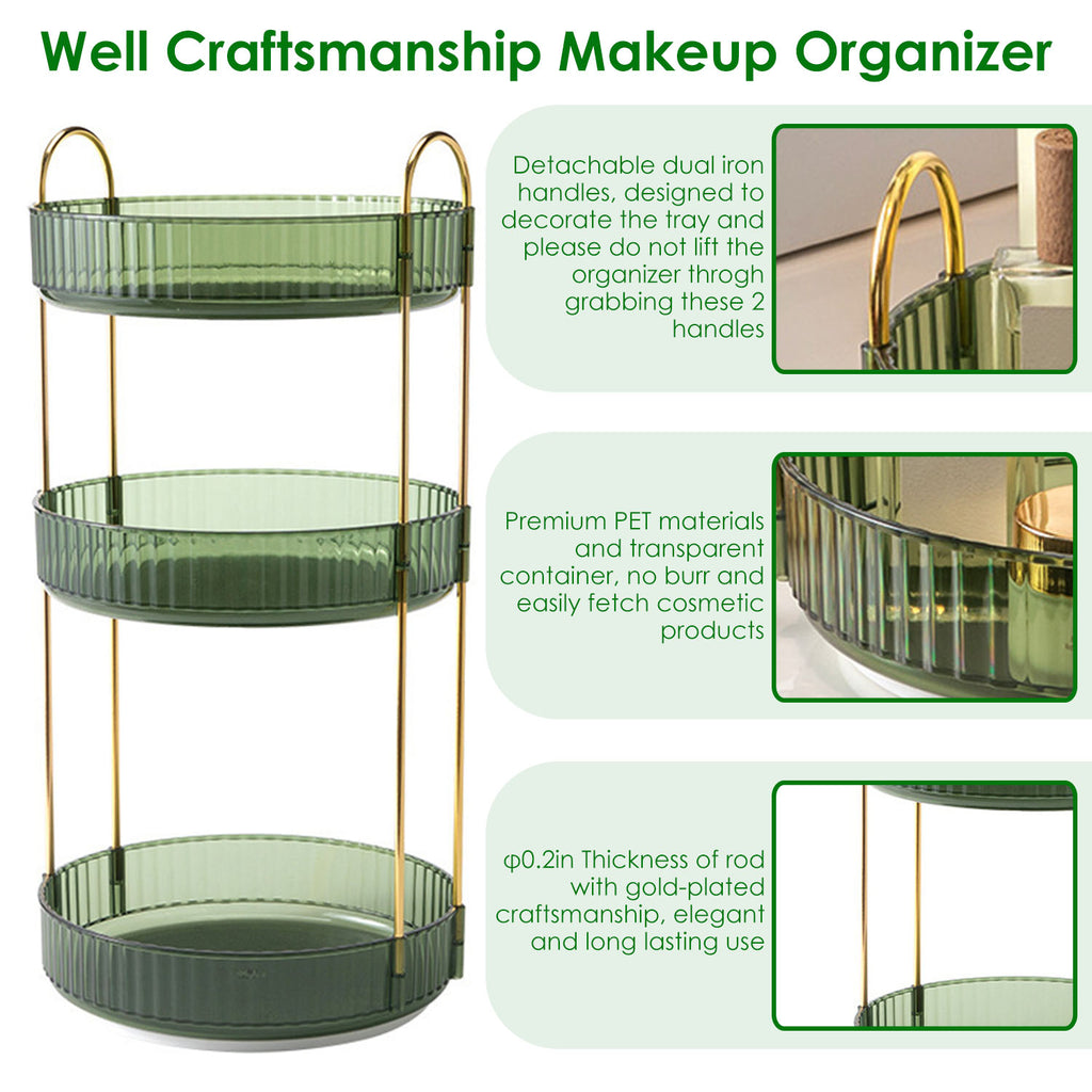 Aeelleea 3-Tier Rotating Makeup Organizer, Round Green Cosmetic Storage Tray, 360° Spinning Skincare Holder for Bathroom Vanity