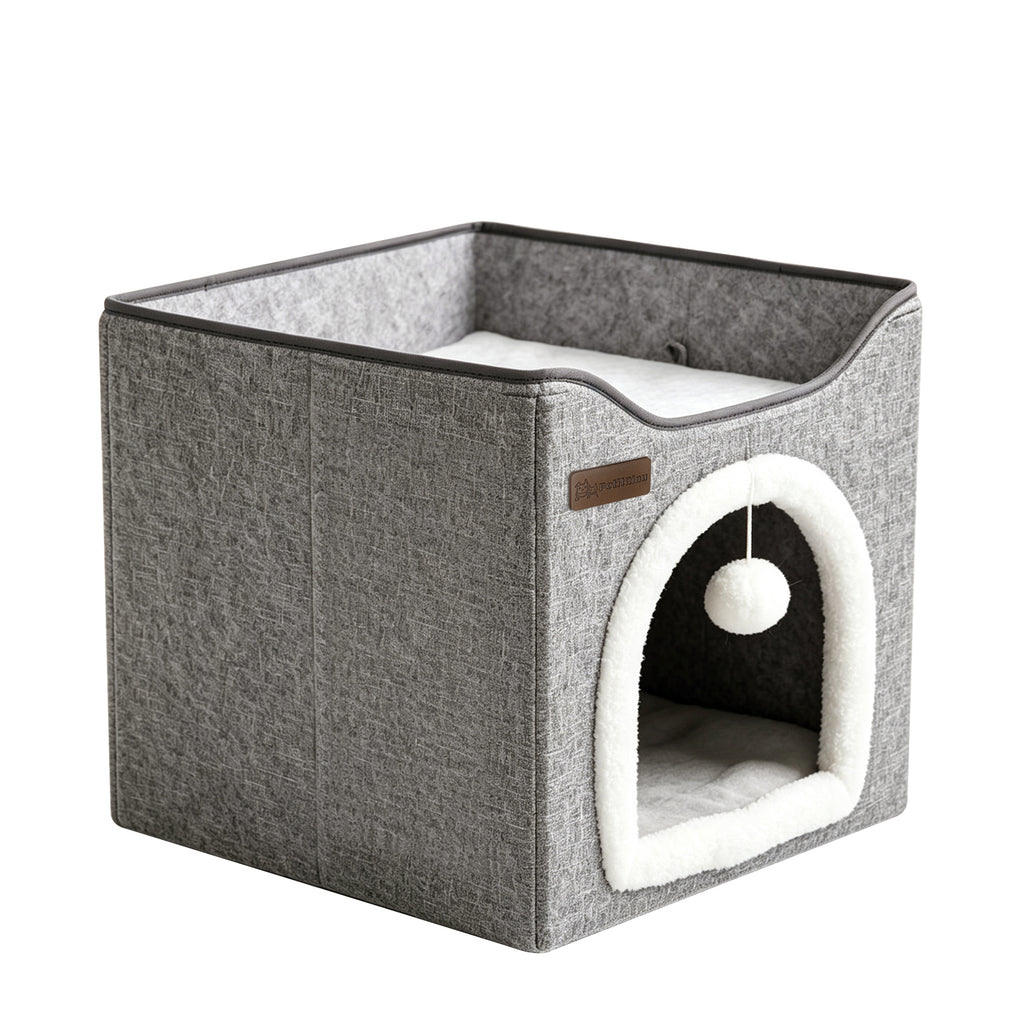 3-in-1 Foldable Cat House, Enclosed Cat Cave Bed with Scratching Pad & Hanging Pom-Pom Toy, Multi-Functional Cat Hideaway for Indoor Cats