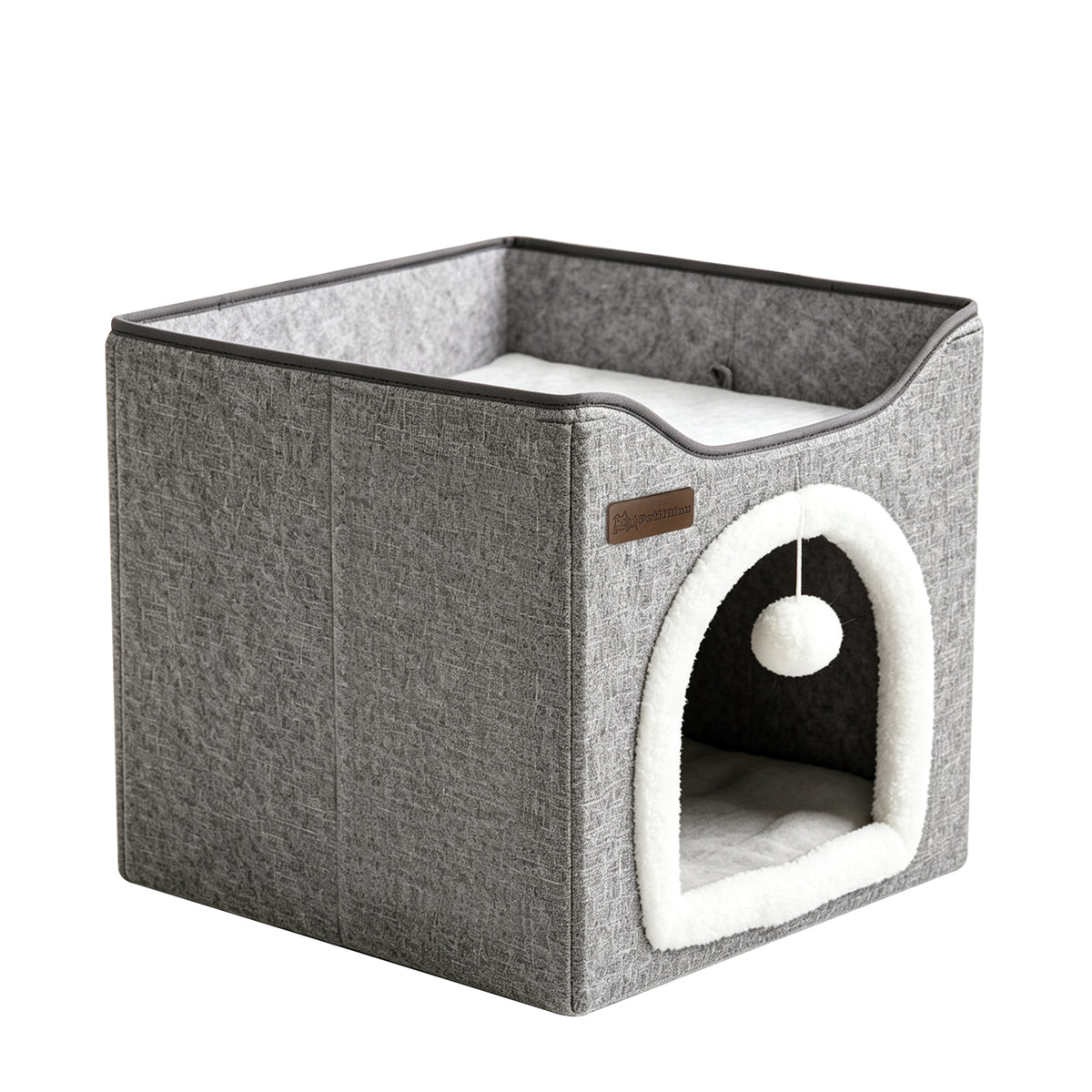 3-in-1 Foldable Cat House, Enclosed Cat Cave Bed with Scratching Pad & Hanging Pom-Pom Toy, Multi-Functional Cat Hideaway for Indoor Cats