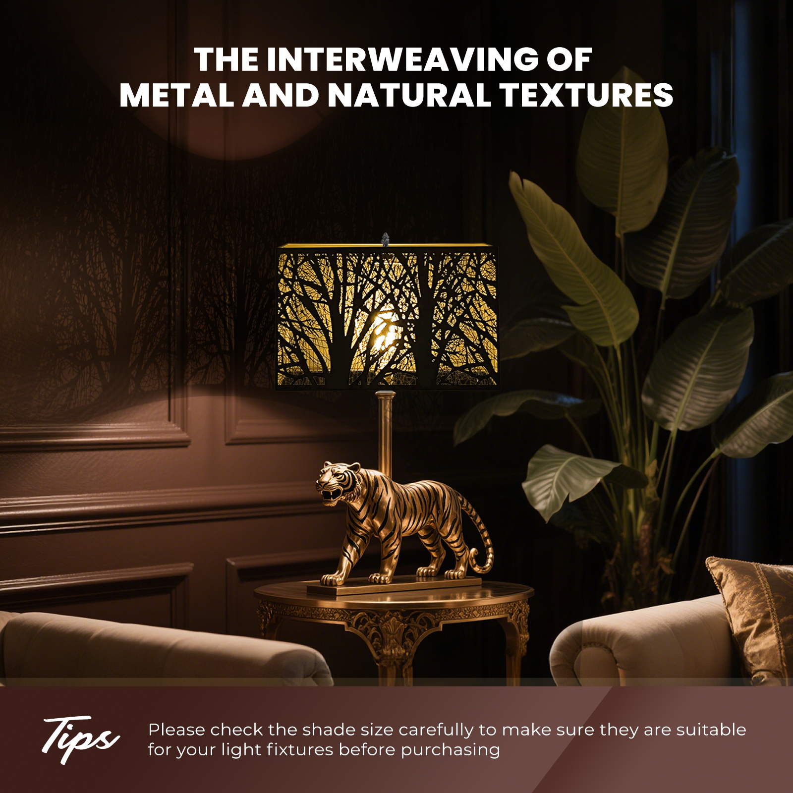 Black & Gold Rectangular Forest Lampshade – 8×14×9 Inch