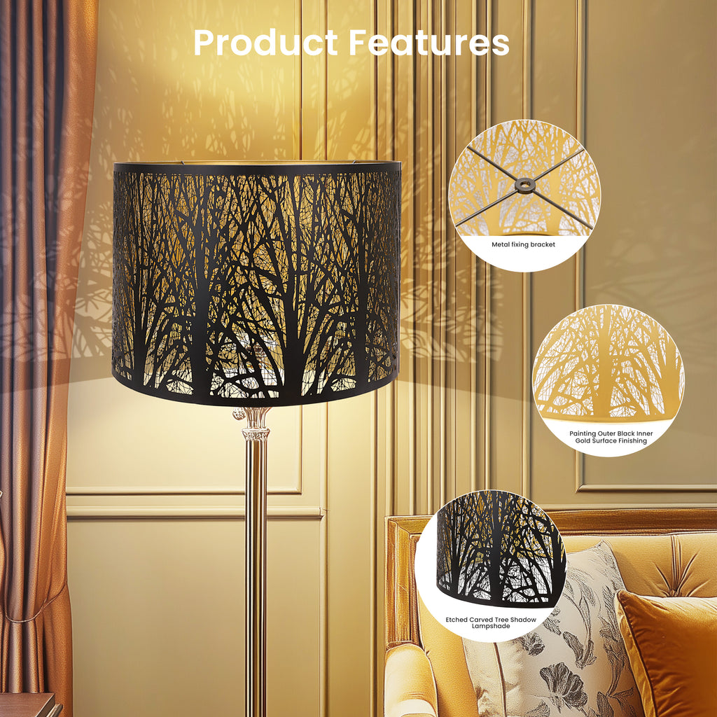 ALUCSET 16"×12" Drum Metal Lamp Shade, Black Gold Forest Etched Tree Shadow Lampshade with Spider Fitter for Table, Floor & Pendant Lights
