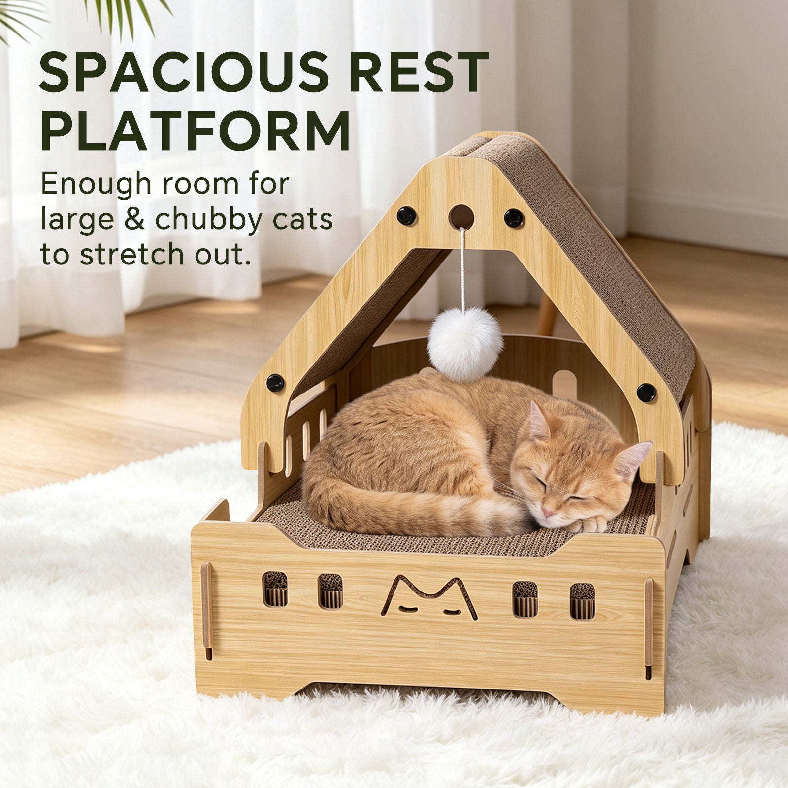 Cat Scratcher Bed, 3‑In‑1 Vertical Curved Cat Scratch Pad With Solid Wood Frame & Hanging Pom‑Pom Toy For Indoor Cats