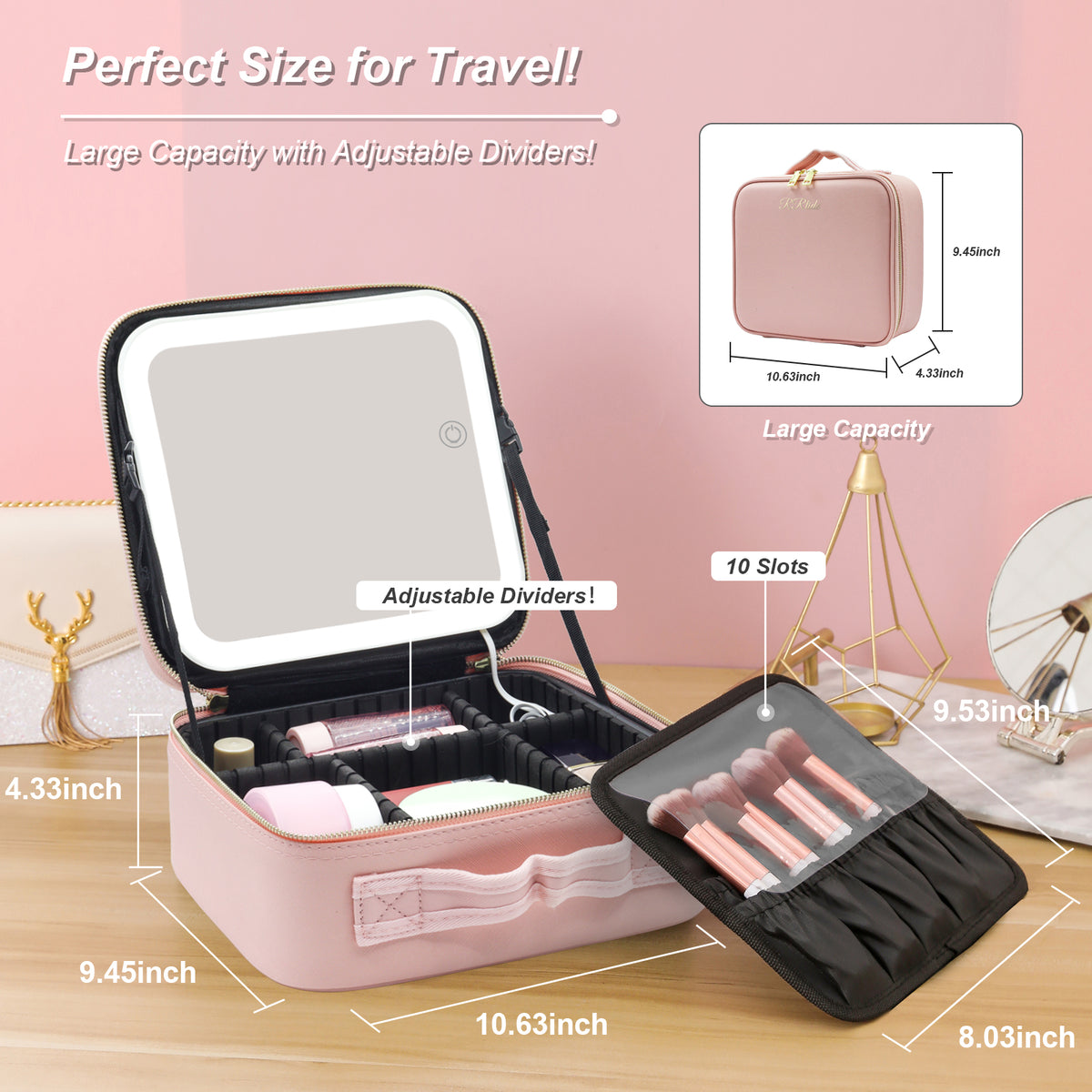 AEELLEEA Pink Makeup Bag with LED Lighted Mirror, Cosmetic Train Case, 3 Color Lights, Adjustable Dividers, 5X Magnifying Mirror