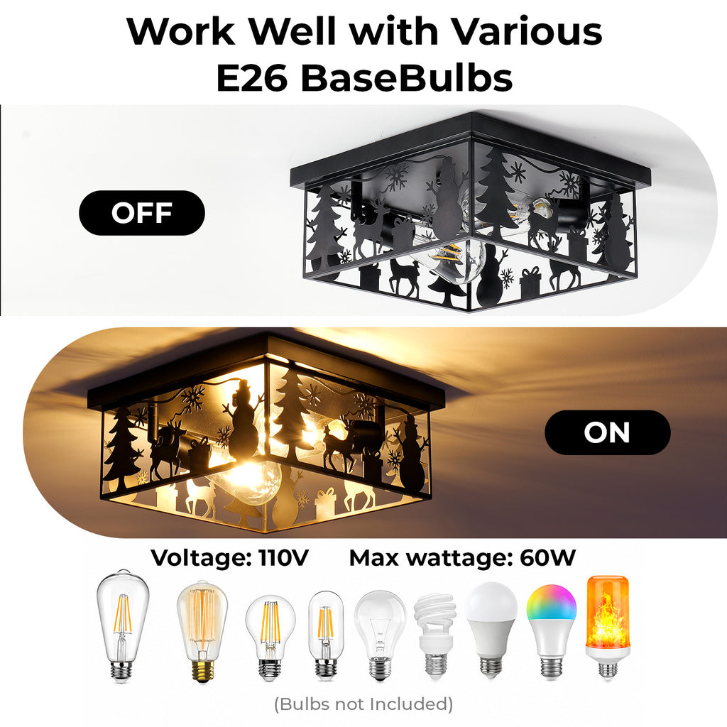 2 Pack Matte Black Square Flush Mount Ceiling Light, Christmas Snowman Deer Tree Cutout Iron Lamp, Vintage E26 Ceiling Light for Bedroom Hallway
