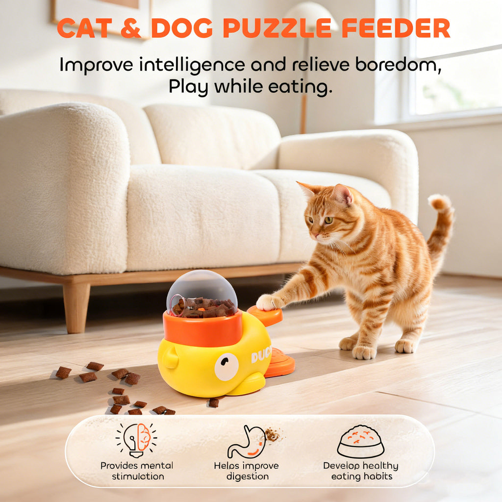Duck Interactive Treat Dispenser - 2-in-1 Dog Puzzle Toy with Button, Slow Feeder for Small & Medium Dogs/Cats, IQ Training & Entertainment