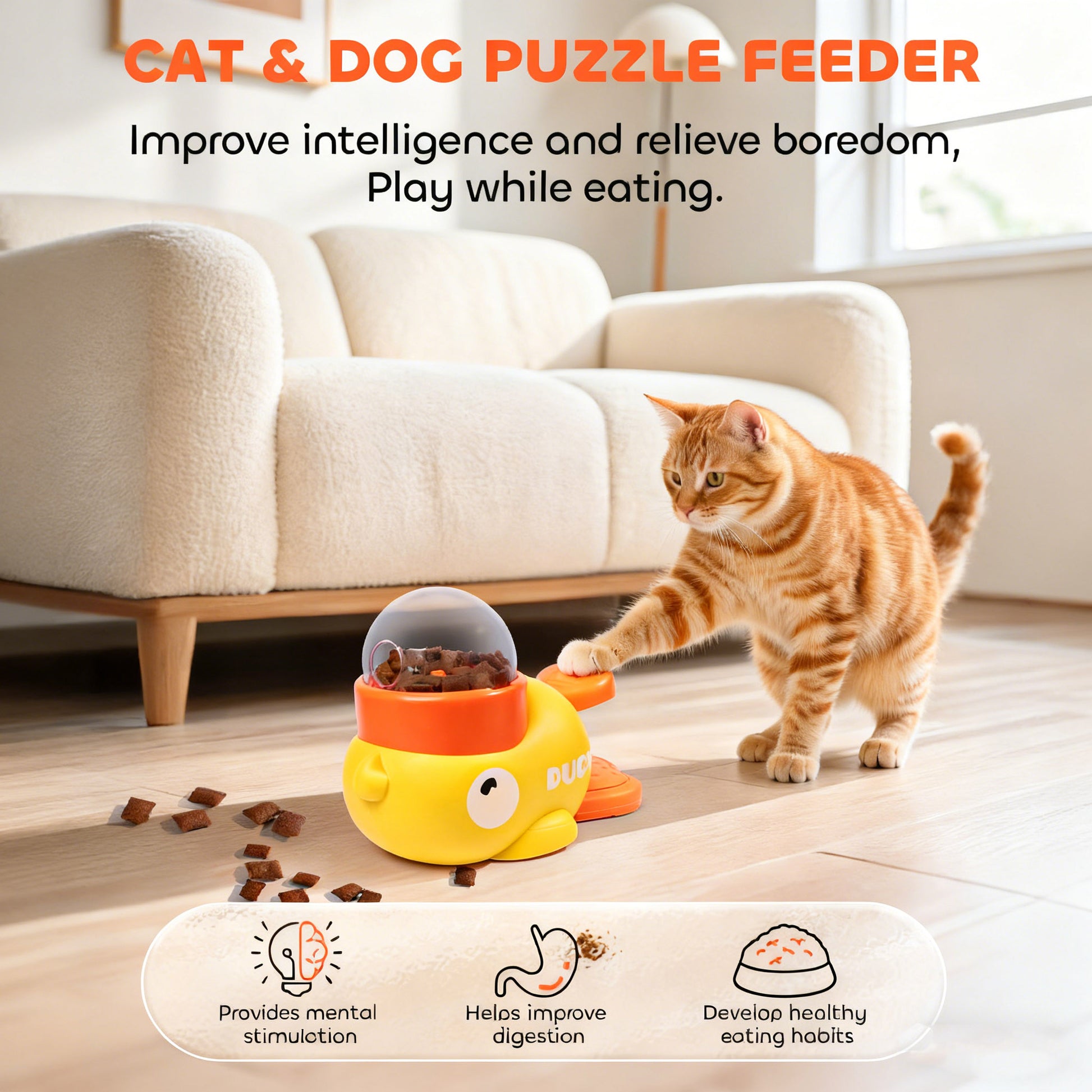 Duck Interactive Treat Dispenser - 2-in-1 Dog Puzzle Toy with Button, Slow Feeder for Small & Medium Dogs/Cats, IQ Training & Entertainment