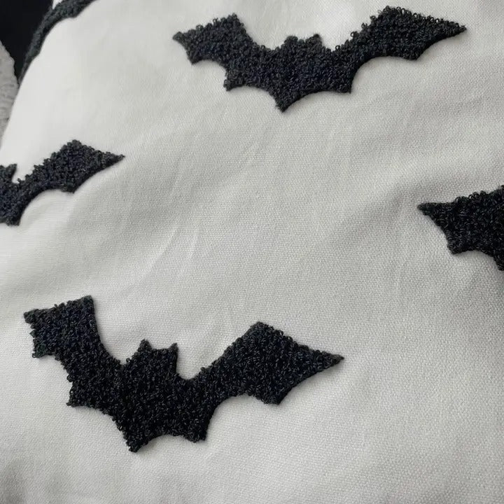 Halloween Bat Tufted Throw Pillow Cover 20x20in, White Cotton Cushion Case, Spooky Bat Decor for Sofa Couch Home Party