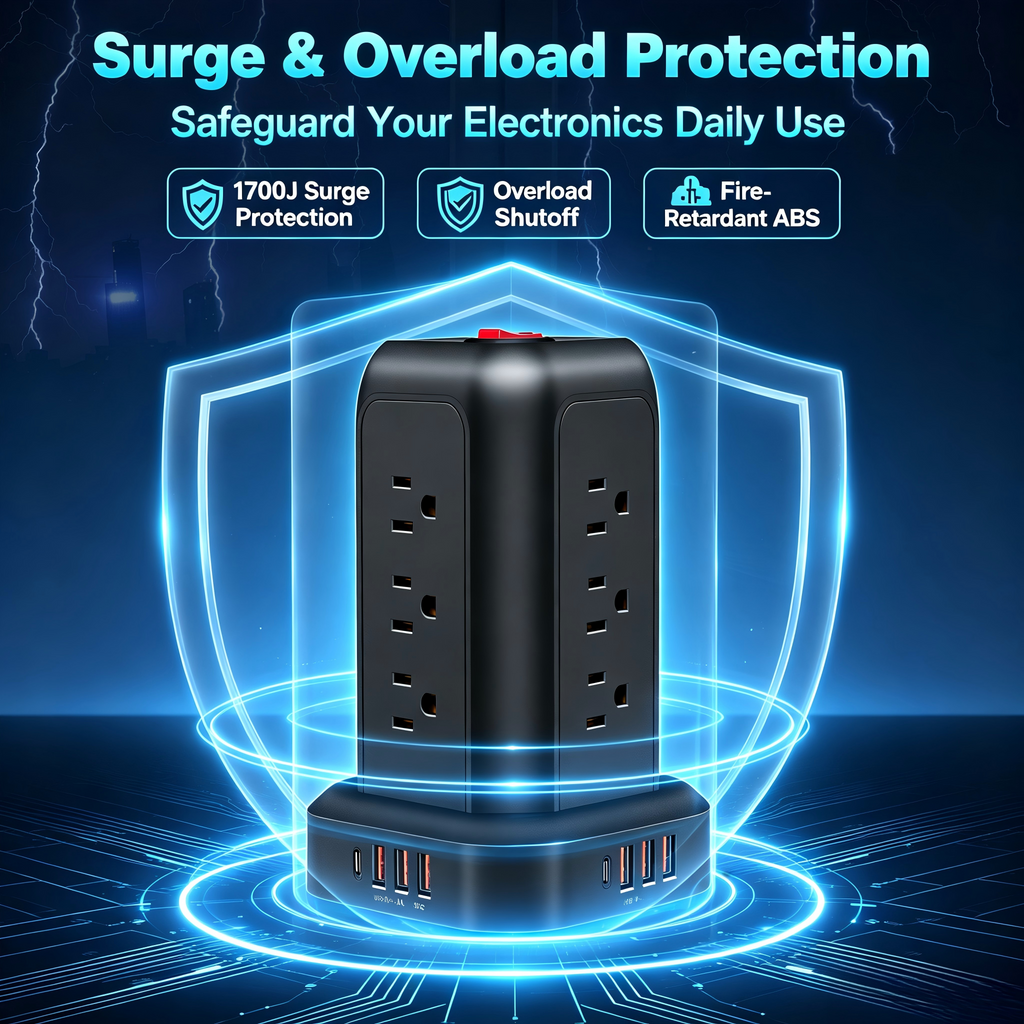 Power Strip Tower Surge Protector,16‑in‑1,12 AC Outlets,4 USB Ports(1 USB‑C),5.1FT Heavy‑Duty Cord,Overload Protection for Home Office
