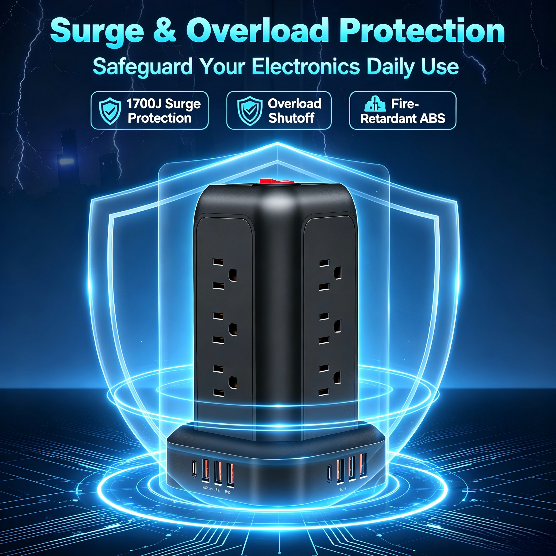 Power Strip Tower Surge Protector,16‑in‑1,12 AC Outlets,4 USB Ports(1 USB‑C),5.1FT Heavy‑Duty Cord,Overload Protection for Home Office