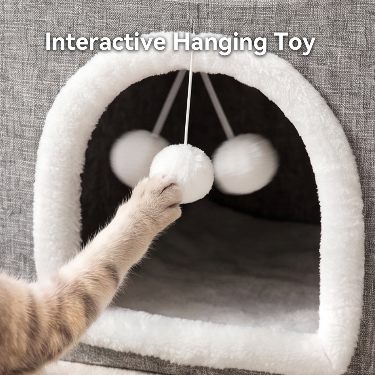 3-in-1 Foldable Cat House, Enclosed Cat Cave Bed with Scratching Pad & Hanging Pom-Pom Toy, Multi-Functional Cat Hideaway for Indoor Cats