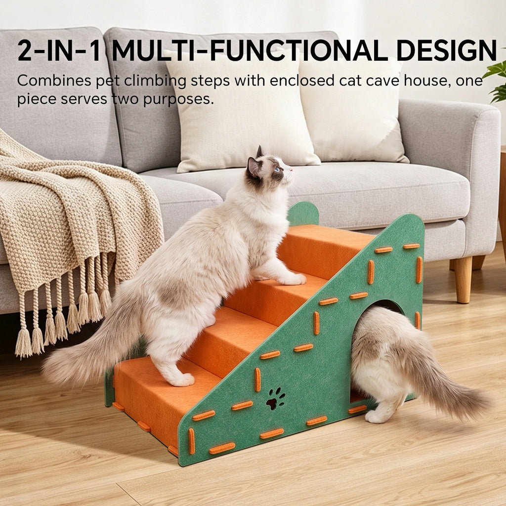 4-Step Felt Pet Stairs with Hideaway Cave, Non-Slip Dog Cat Ramp Steps for Sofa Bed, Small Pet Climbing Ladder
