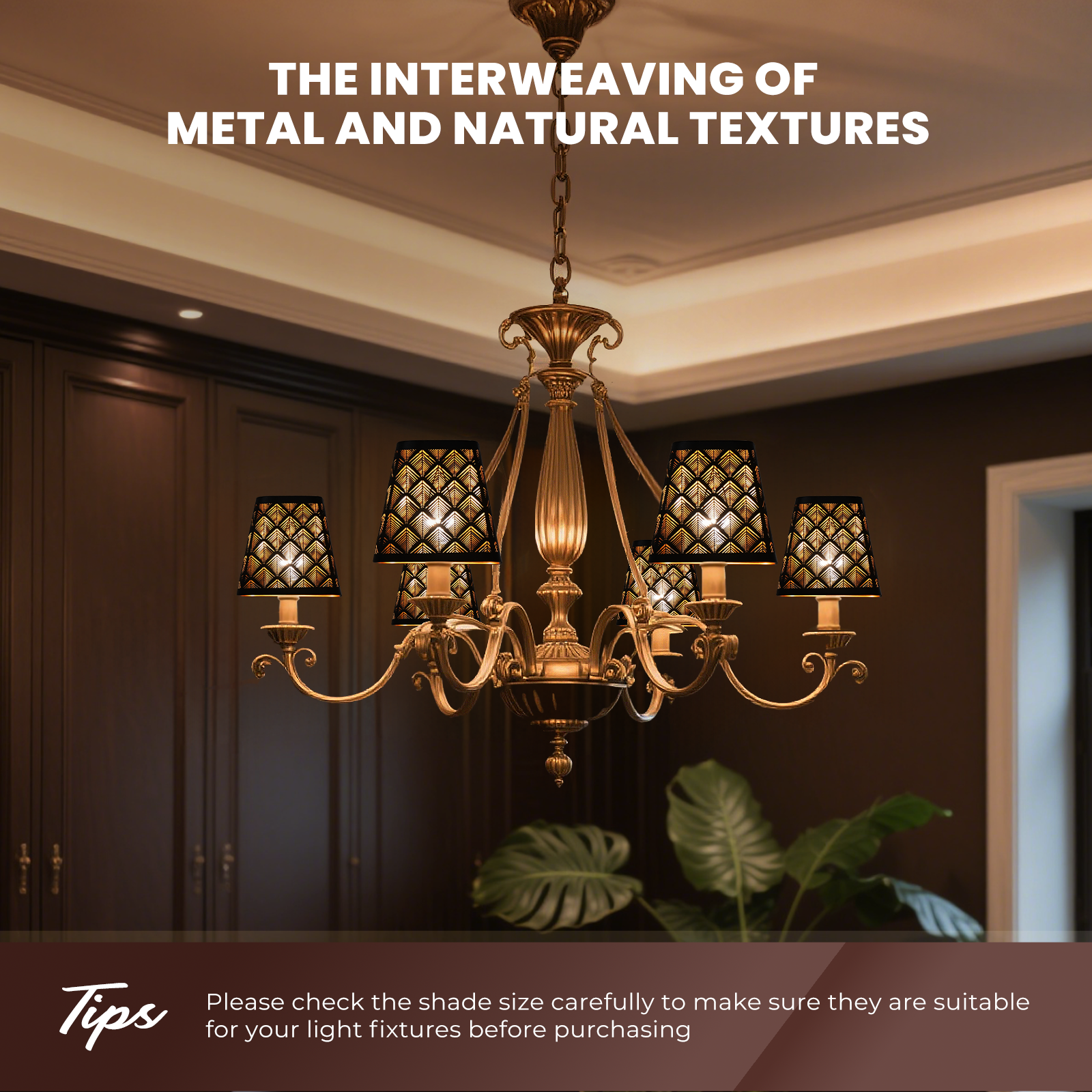 "Set of 2 Square Metal Lamp Shades with Etched Arrow Design, Black & Gold Finish, 3.55 x 5.6 Inches for Table or Floor Lamps"