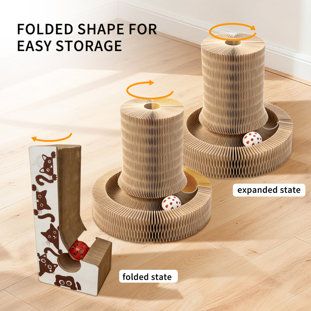 Magic Accordion Cat Scratcher Toy, Foldable Corrugated Cardboard Cat Scratching Board with Ball Track, Interactive Indoor Cat Toy & Furniture Protector
