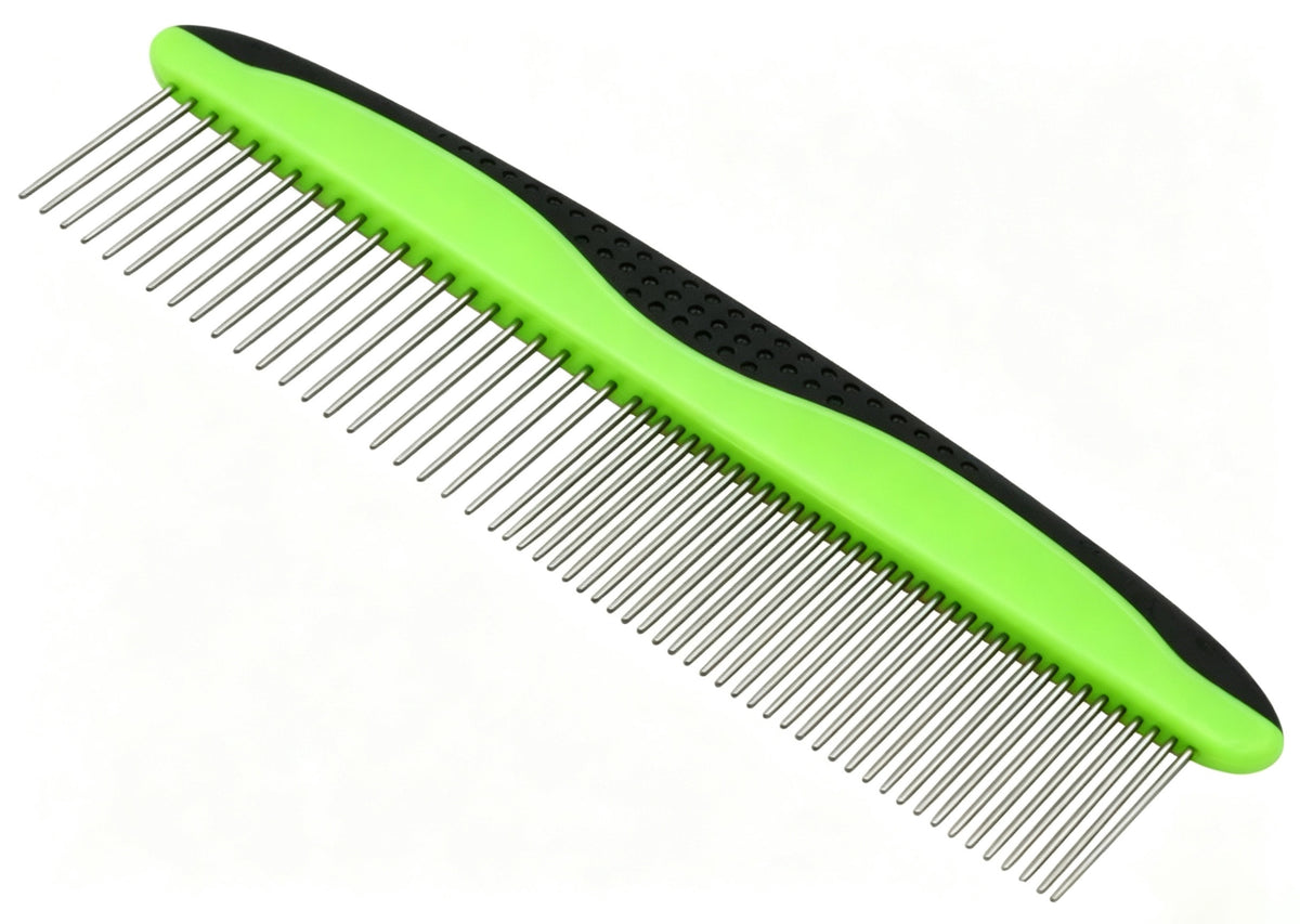 Stainless steel pet grooming comb with dual wide & narrow teeth, anti-slip rubber handle, removes tangles and loose fur for dogs and cats.