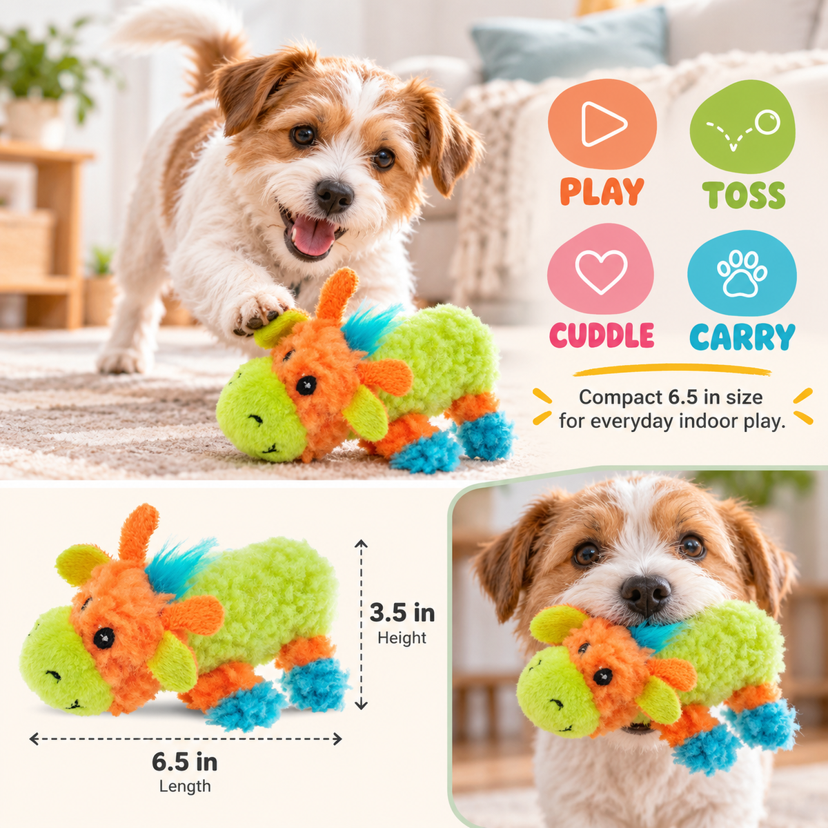 AEELLEEA 6.5" Plush Squeaky Dog Toy, Soft Fleece Animal Toy for Small Dogs, Indoor Toss, Fetch & Cuddle