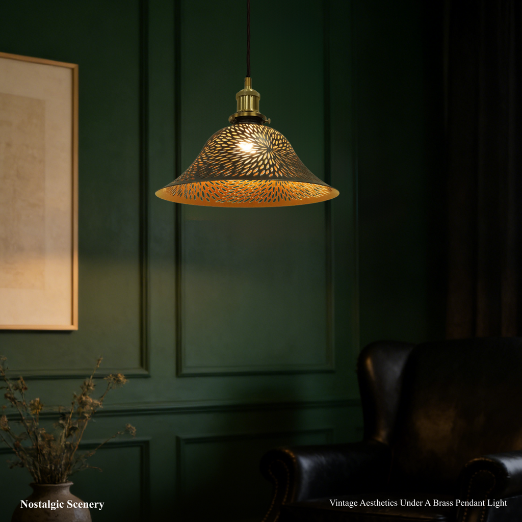 Vintage Cutout Metal Pendant Light, Gold Interior Laser Engraved Hanging Lamp for Kitchen Island Dining Room