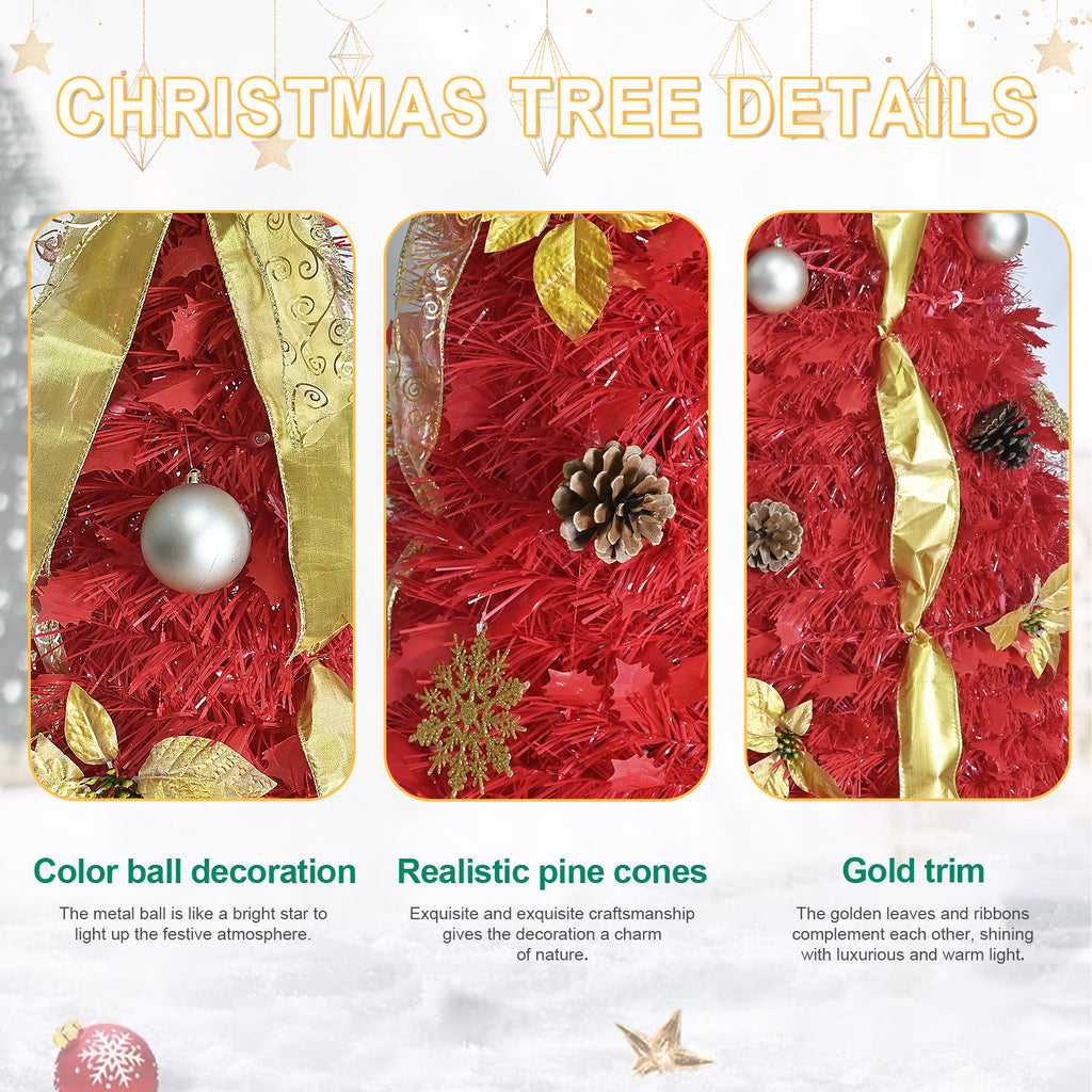 6FT Red Pop-Up Christmas Tree with 150 Warm White LED Lights, 4 Ribbons, Bows, Flowers, Snowflakes, Pine Cones & Balls, Holiday Decor