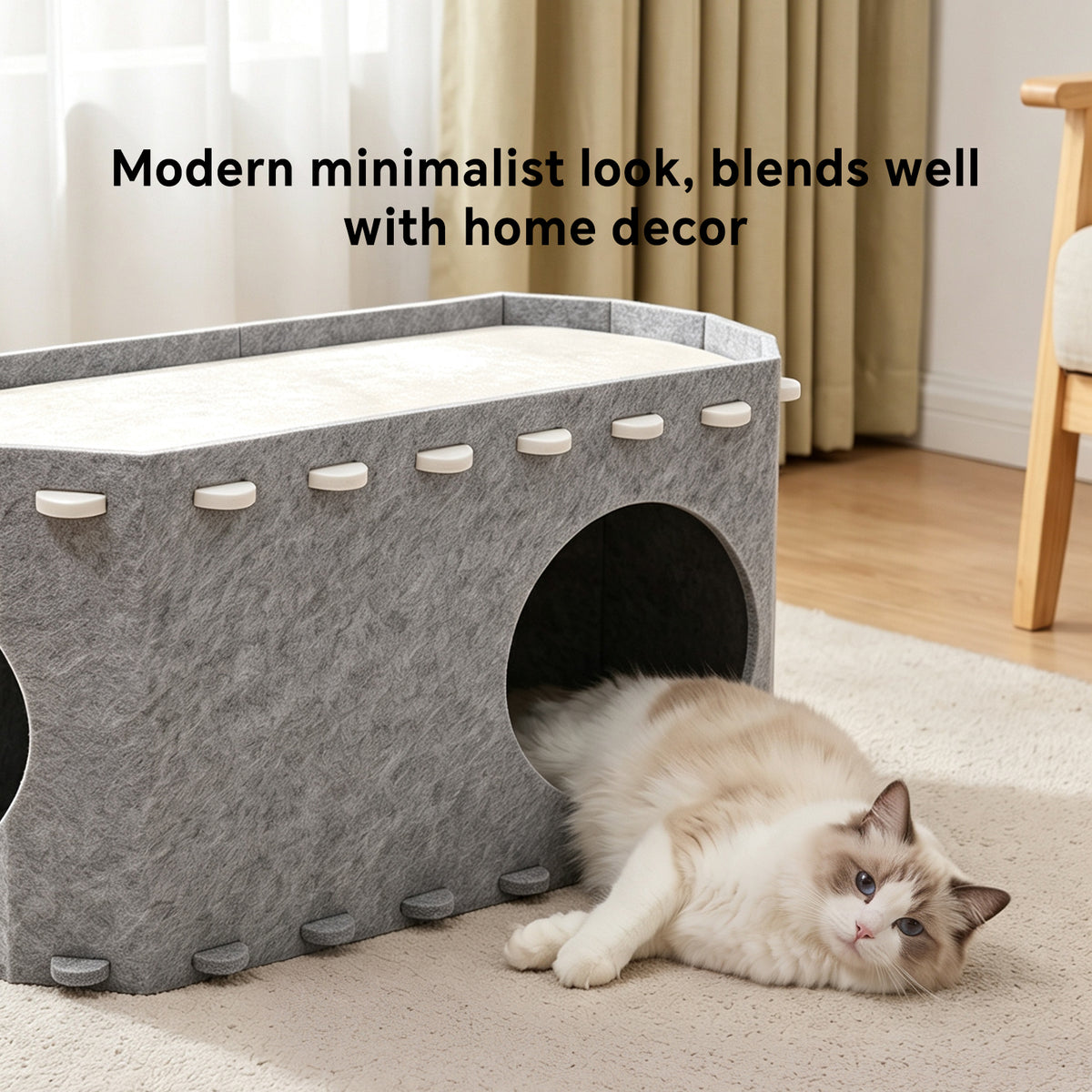 Felt Cat House for Indoor Cats, Peekaboo Cat Cave Bed with Cozy Hideaway and Multiple Openings, Light Gray