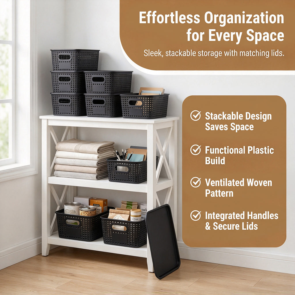 4-Pack Plastic Storage Bins with Lids, Stackable Storage Baskets for Shelves, Drawers, Closets, Playrooms, Classrooms and Offices