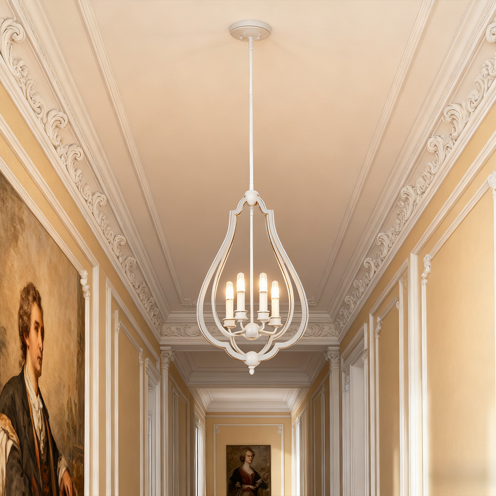 4-Light White Bud-Shaped Pendant Light - Vintage Metal French Country Style - Ideal for Kitchen Island, Farmhouse, Dining Room, Living Room, Bedroom & Foyer (Bulbs Not Included)