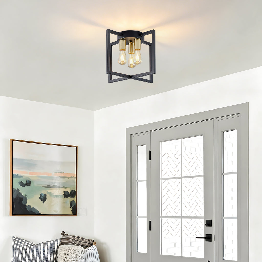 3-Light Semi Flush Mount Ceiling Light, Industrial Black Metal Geometric Square Frame with Gold Socket, Farmhouse Ceiling Lamp for Bedroom Living Room Hallway Entryway Home Decor