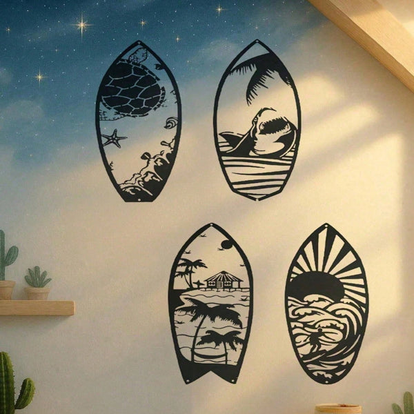 AEELLEEA-4Pcs Metal Surfboard Wall Art, Coastal Beach Nautical Iron Surfboard Hanging Decor for Living Room Bedroom Bathroom