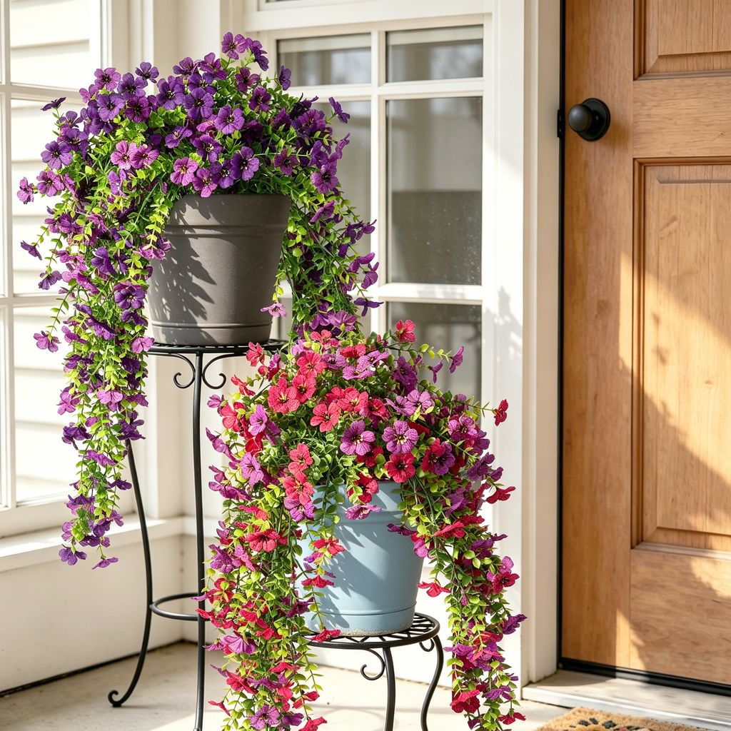 6Pcs Artificial Hanging Violet Flowers, 26.7in UV Resistant Fake Trailing Flower Vines for Porch Patio Outdoor Fall Decor
